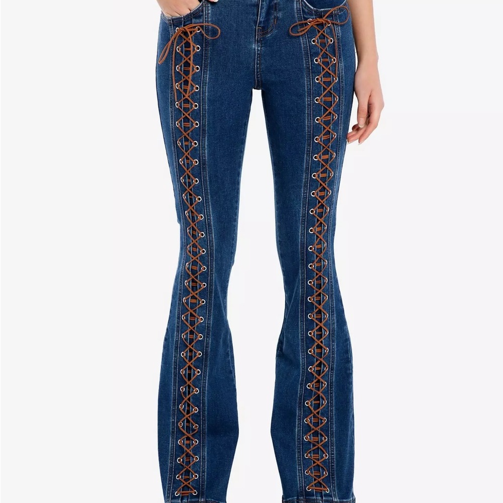 Dark Indigo Brown Lace-Up Girls Flare Jeans